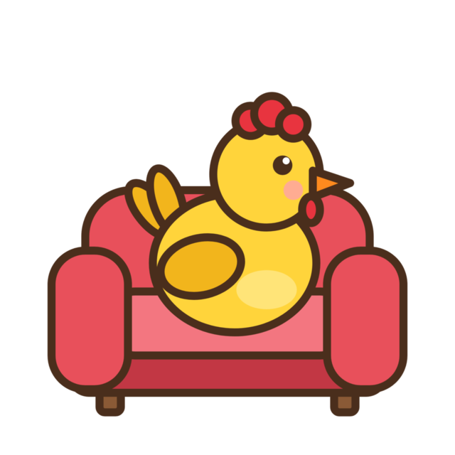 A yellow chicken sitting on a red couch