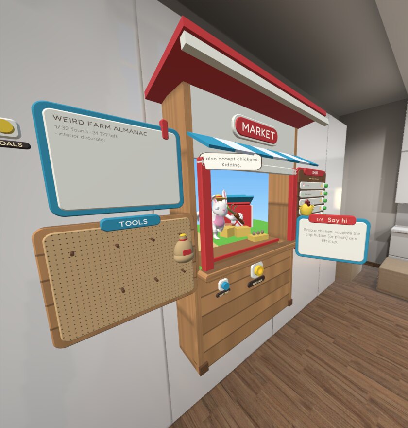 The Couch Coop market stall standing by a bedroom wall, with the shop board, tool rack and almanac floating beside it.